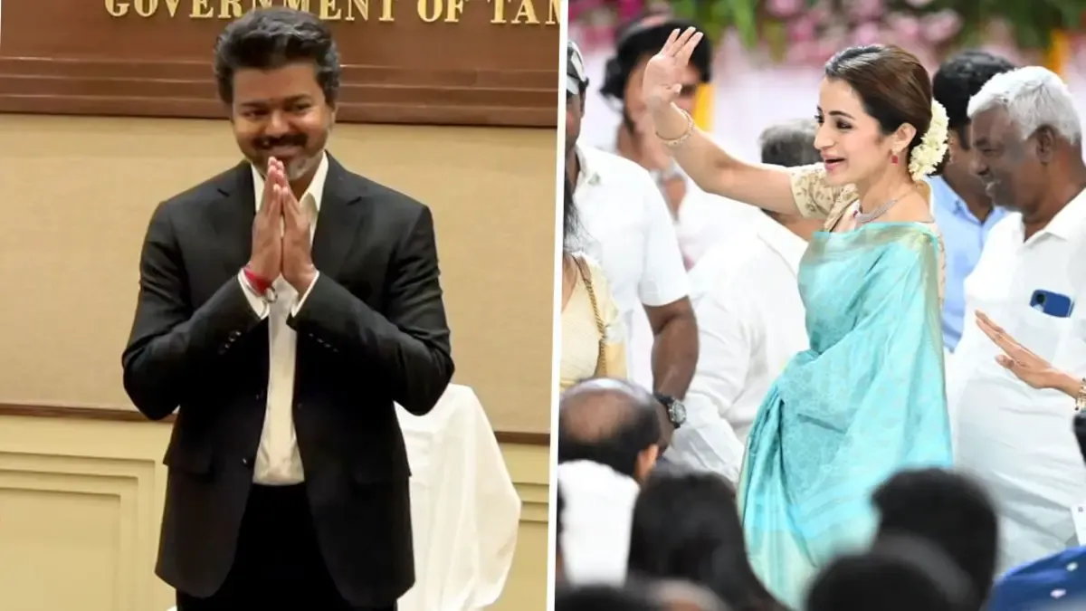 Vijay swaps veshti for pantsuit at CM oath as Trisha wows in Kanjeevaram saree viral in Chennai