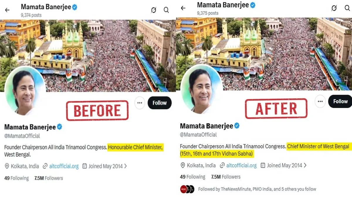 Mamata Banerjee quietly edits her X bio dropping Honourable CM title after Suvendu Adhikari oath
