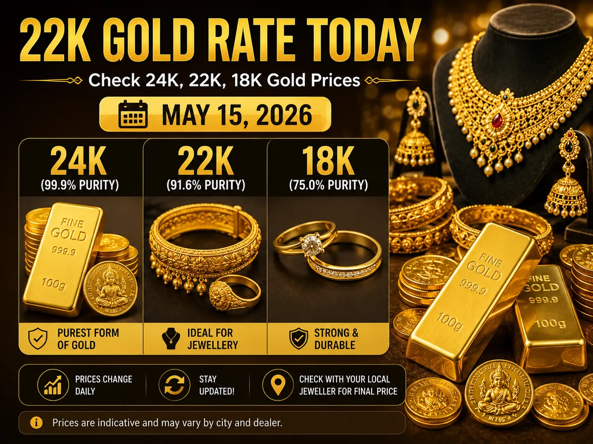 Gold slips May 15 2026 as Tanishq Kalyan Malabar Joyalukkas and IBJA cut 22K and silver rates