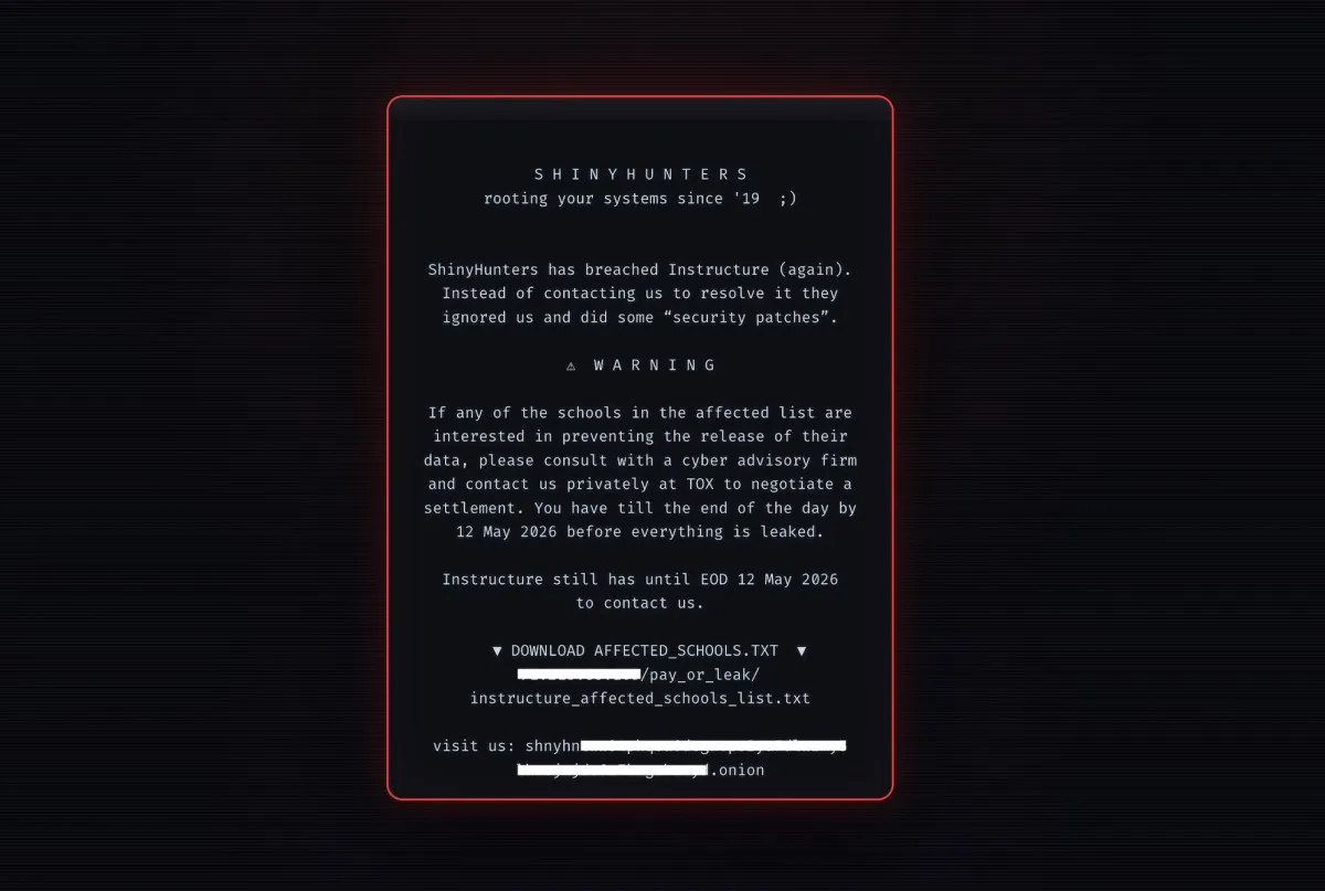 ShinyHunters defaces school login pages claiming another Instructure hack and extortion
