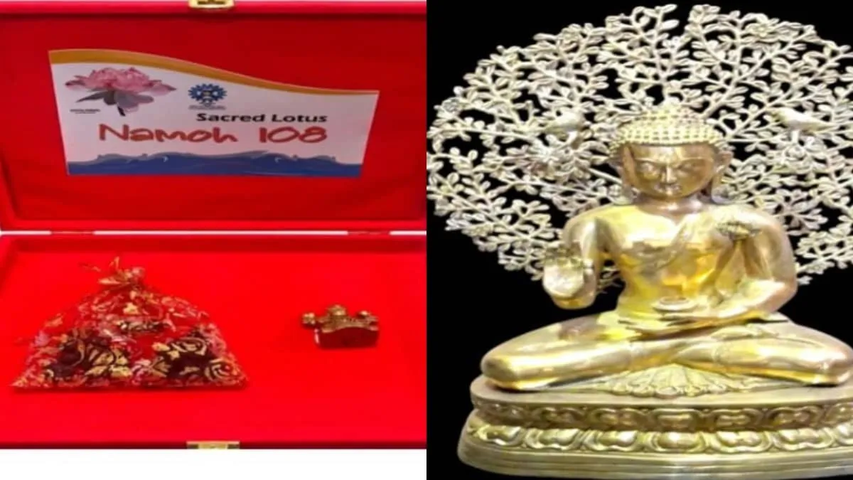 Modi Gifts Vietnam Namoh 108 Lotus Brass Buddha and Varanasi Silk in Symbolic Show